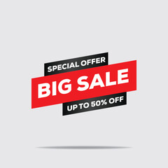 3D Big Sale Banner with Bold 50% Off Text on Red Background