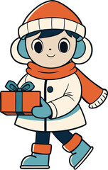 Cute winter child holding gift cartoon character isolated on transparent background