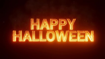 Burning “Happy Halloween” text made of flaming letters glows against black background with drifting sparks and smoky halo. Concept of dramatic Halloween greeting and fiery cinematic style