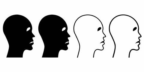 Four stylized human head silhouettes in profile two solid black and two outline showing different expressions