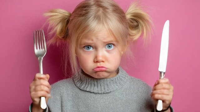 A child with blond pigtails stares sadly at the viewer, holding fork and knife on pink backdrop