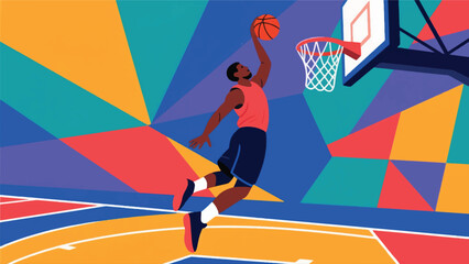 Illustration Of Basketball Player Mid-Dunk, With The Ball In Hand, Soaring Over A Vibrant Court Vector Design Template © BedRoses