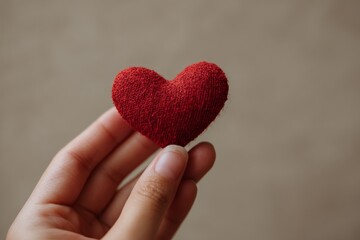 Fototapeta premium A small, textured red heart held gently in a hand against a muted backdrop.