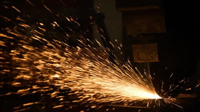 Mesmerizing shower of intense orange and yellow sparks erupting from an unseen industrial cutting or welding process in a dark workshop environment technology, hazard, fabrication