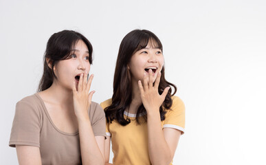 Surprised two cheerful young women standing together