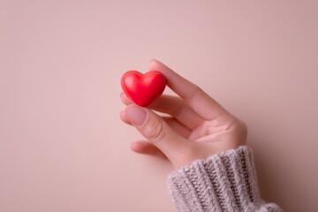 Fototapeta premium A delicate red heart shape is held gently in a hand adorned with light-colored nails against a soft, pastel background.