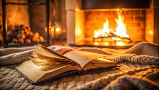Open book reading nook cozy interior mood fireplace warm blanket soft lighting - Powered by Adobe