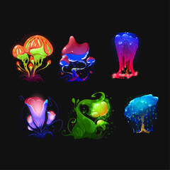 Vibrant Collection of Imaginary Glowing Bioluminescent Flora and Fantastical Alien Plant Illustrations