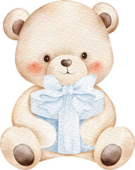 Watercolor Illustration of Bears with Blue Bows