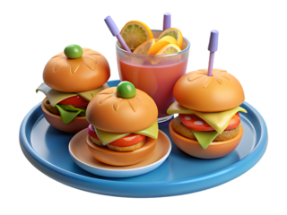 Vibrant and refreshing summer fruit punch served with creatively presented miniature fruit burgers on a blue plate perfect for a party