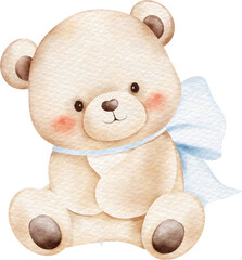Watercolor Illustration of Bears with Blue Bows