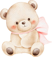 Watercolor Illustration of Bears with Pink Bows