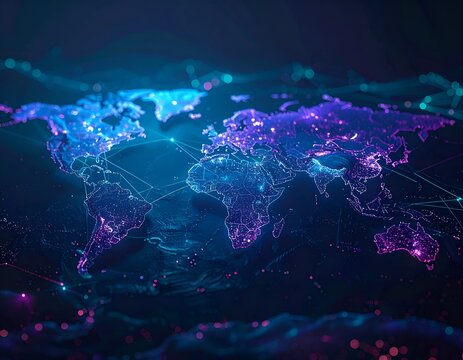 Futuristic holographic world map surrounded by a digital data connection web, glowing neon lines, and nodes. This abstract visualization indicates global AI-driven network, communication