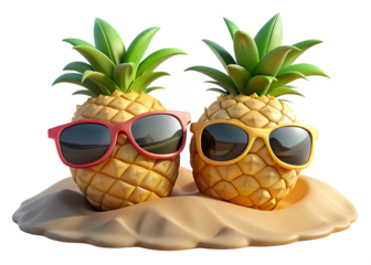 Two cheerful cartoon pineapples wearing stylish sunglasses sitting on a sandy beach with a dark background for a fun summer vacation vibe