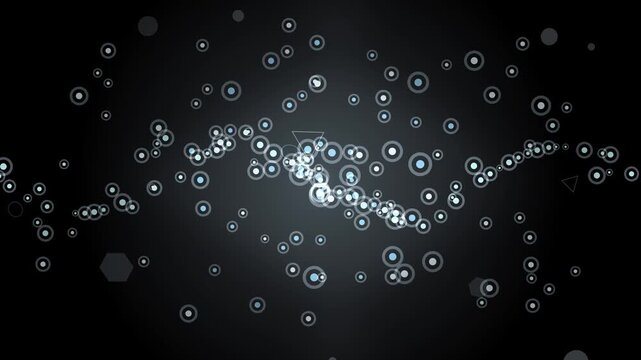 Abstract digital art with glowing circles and geometric shapes on a dark background