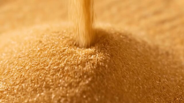 Mesmerizing close-up view of golden desert sand slowly falling and pouring to form intricate patterns, emphasizing texture and natural flow sandmovement, environmentalart, smooth