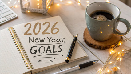 2026 new year goals happy end sparks inspiration as cozy notebook coffee and pen invite planning for growth and fresh motivation