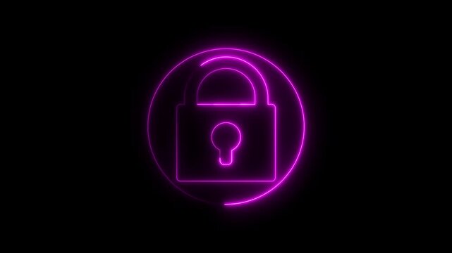 glowing neon lock icon security animation, security animation icon neon glowing privacy security password encryption circle animated y privacy password protection safety animated on black background.
