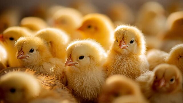 Yellow chicks peep and interact in a heartwarming close-up.