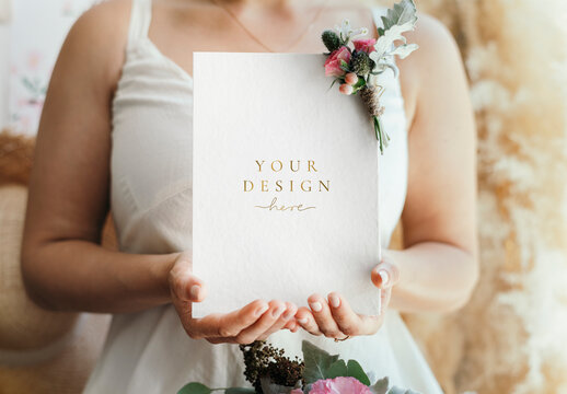 Bride Holding A Blank White Card Mockup