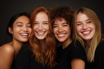 Fototapeta premium Four cheerful women with diverse ethnicities and hairstyles, radiating joy and healthy smiles, captured against a dark background.