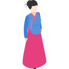 Stylized Isometric Illustration Of A Woman In Traditional Korean Hanbok Dress Blue Top Pink Skirt With Hair Bun And White Background