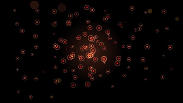 Abstract digital art with glowing red circles and geometric shapes on a dark background