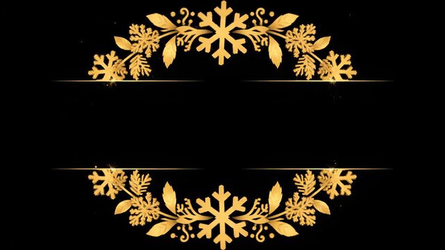 Elegant golden snowflake and leaf border design with copy space on a black background, perfect for winter holiday invitations and festive greetings