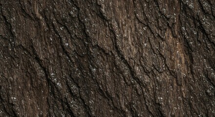 A closeup showcases wet textured bark Water droplets cling to the rough brown surface with diagonal patterns