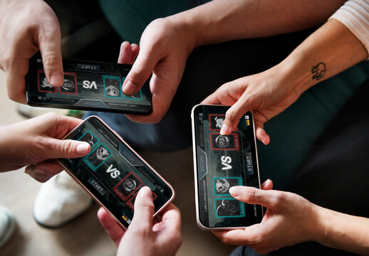 Group Of Friends Playing Game On Mobile Phone Mockups