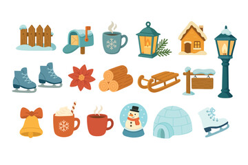 Cozy winter elements set with skates, mugs, lanterns, snow globe, igloo, sled, and festive decor in flat vector style.