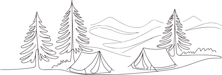 Minimalist line art camping scene with trees and tents vector © Mehedy