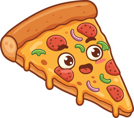 Cartoon pizza slice with expressive face and toppings, smiling food character, playful pose, white background, fun illustration, anthropomorphic design