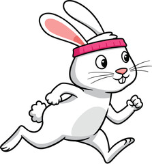 Cartoon rabbit running with pink headband, energetic pose, white background, cute animal character, fitness theme, motivational exercise illustration