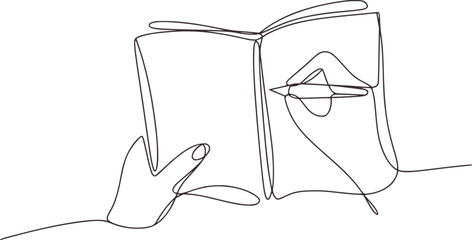 Minimalist line drawing of hands holding an open book black and white