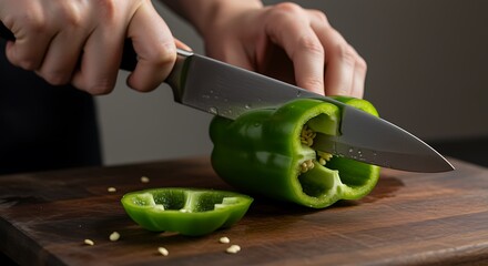 Hands slicing a green bell pepper on a wooden cutting board knife