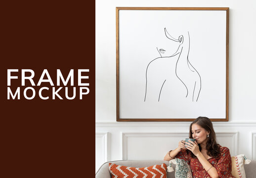 Woman Holding Coffee Cup With Picture Frame Mockup