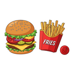 Burger and fries illustration delicious food isolated white background