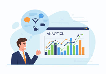 Business analytics presentation depicting data analysis and strategy