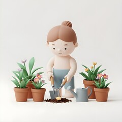 A girl kneels beside potted flowers while gently gardening with a small shovel. Soft pastel tones and delicate plants create a peaceful, calm scene full of warmth and charm.