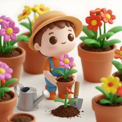 A smiling child sits beside pots filled with bright flowers while gently touching a blooming plant. The soft colors and tiny gardening tools make the scene cozy, cheerful, and playful.