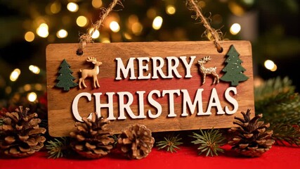 Rustic wooden sign with merry christmas text, adorned with pine cones, fir branches, and festive deer and tree ornaments, set against a bokeh background of warm lights - Powered by Adobe