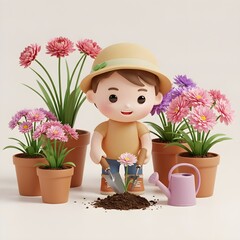 A little boy carefully plants flowers in pastel pots, surrounded by colorful blossoms. With a soft hat and gardening tools beside him, the scene feels calm, playful, and full of gentle detail.