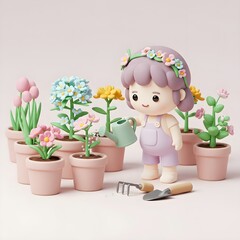 A cute girl waters colorful potted flowers in a calm pastel garden. She holds a small watering can while surrounded by blooms. The soft tones and gentle expressions create a peaceful and joyful mood.