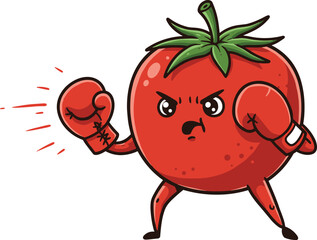 Cartoon tomato boxer with angry face and gloves, anthropomorphic vegetable character, fighting stance, white background, fun food illustration
