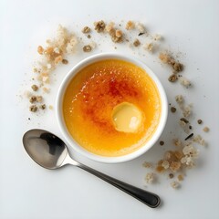 Creme brulee dessert with caramelized sugar top, ceramic ramekin, neutral background highlighting texture and warm tones.