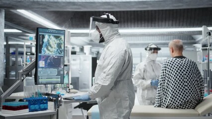 Black expert studying infectious virus molecules on tv screen, monitoring sick patient and checking his vitals. Working in laboratory to prevent biohazard and global disaster. Camera A. - Powered by Adobe