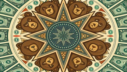 Obraz premium bull bear symbolism concept. Intricate circular design featuring stylized animal faces and geometric patterns.