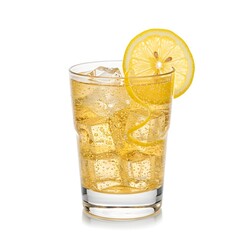 A chilled lemon sparkling drink with floating ice cubes and citrus slices. 