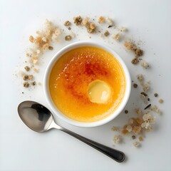 A cr&egrave;me br&ucirc;l&eacute;e served with scattered crumbs around the plate, revealing its glossy caramel top and soft creamy custard beneath. Warm, inviting, and delicious.